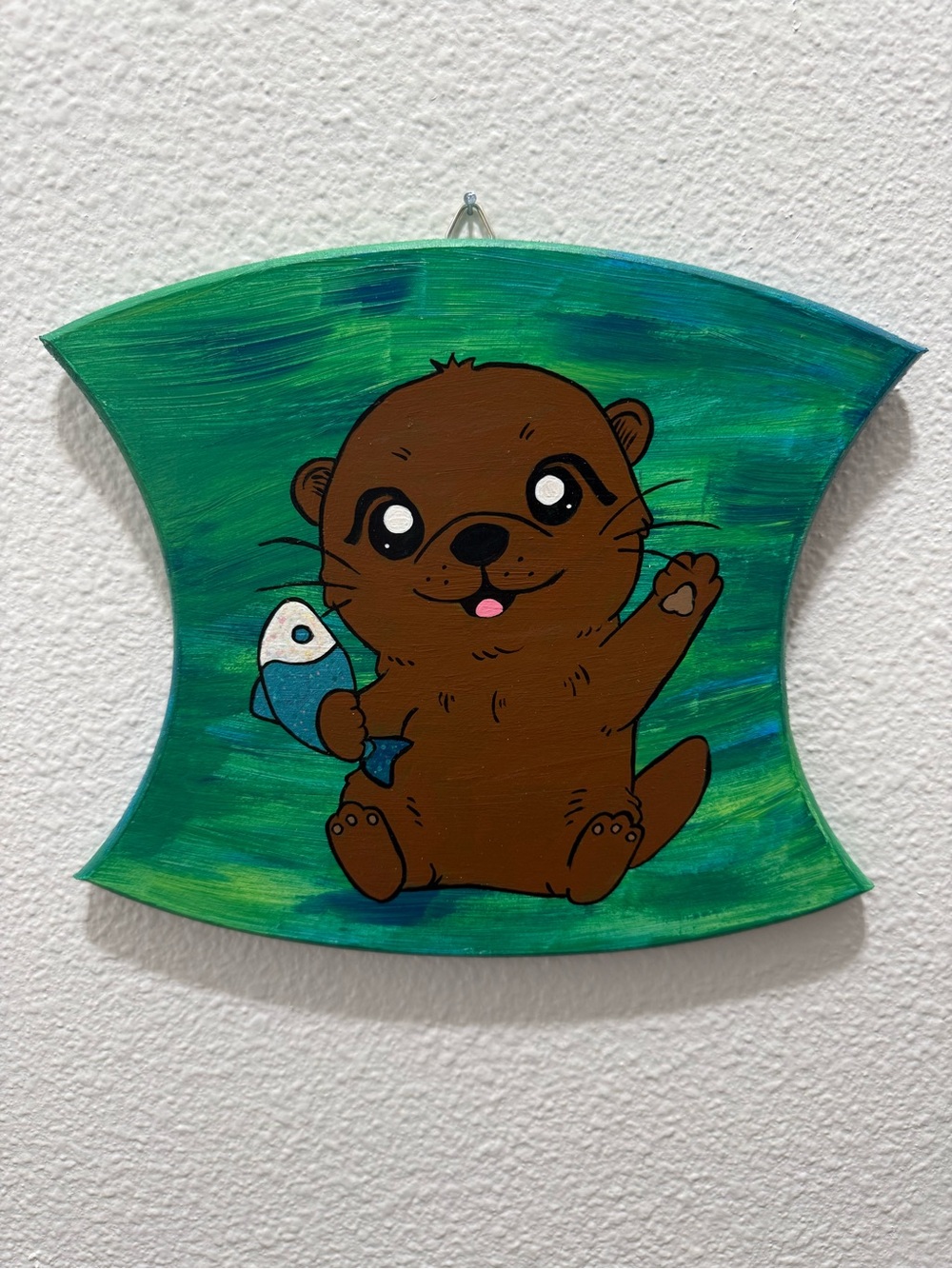 Hand Crafted Brown Otter Wall Art with Green and Blue Accents